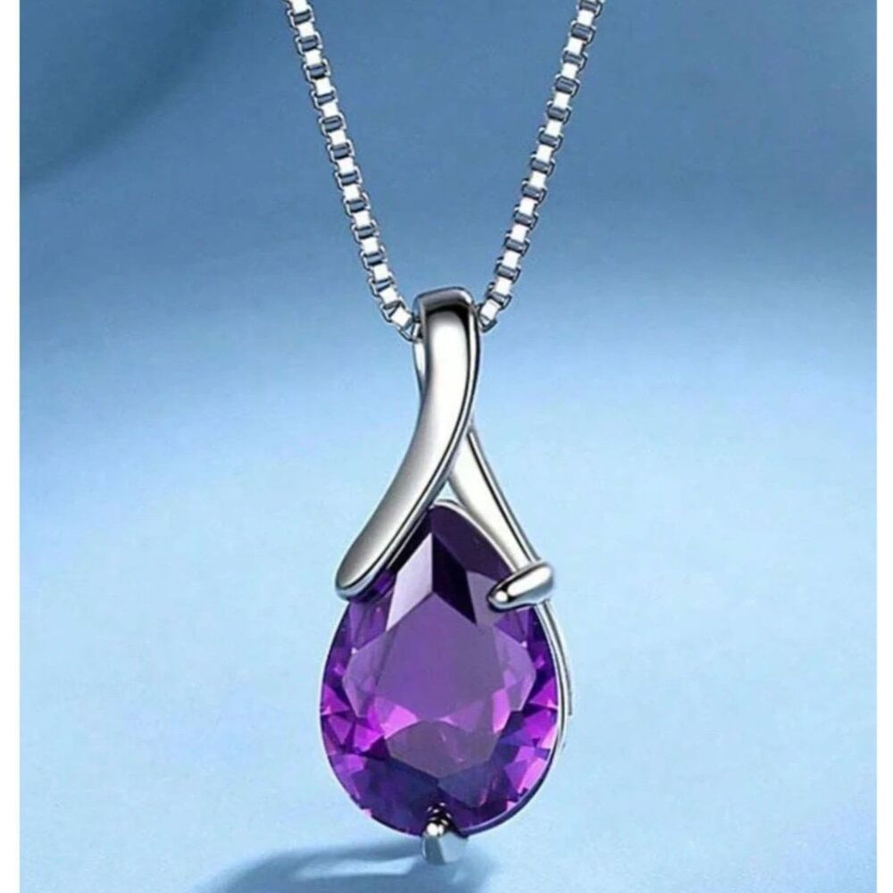 Teardrop Purple Zirconia Crystal Pendant Necklace Silver Gemstone Charm Elegant